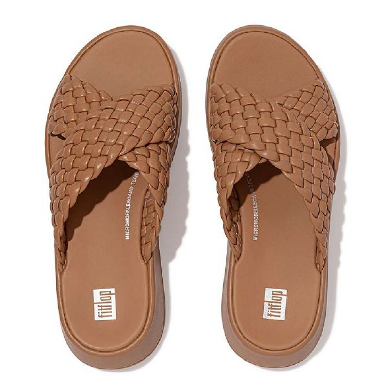 FitFlop F-Mode Woven Leather Flatform Cross Women's Slides Brown | 723LWODRJ