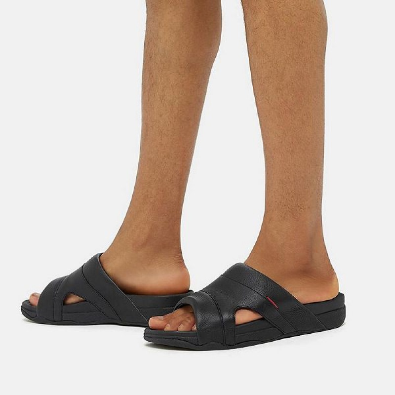 FitFlop Freeway Leather Pool Men's Slides Black | 325GXQVZY