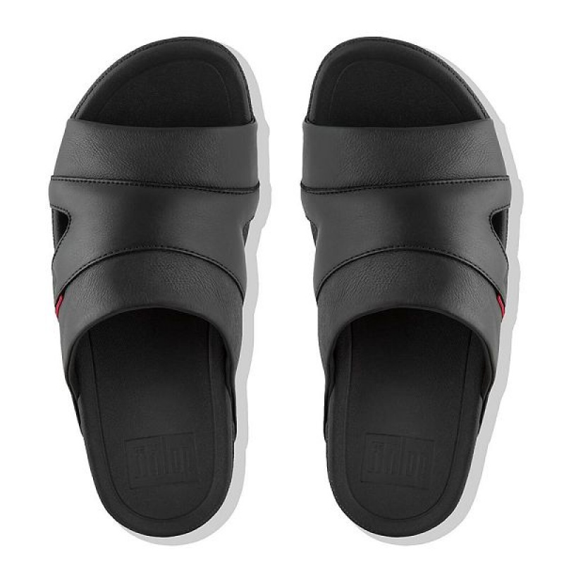 FitFlop Freeway Leather Pool Men's Slides Black | 325GXQVZY