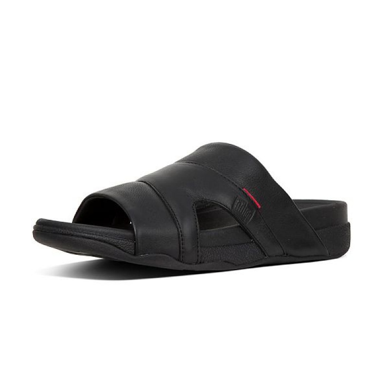 FitFlop Freeway Leather Pool Men's Slides Black | 325GXQVZY