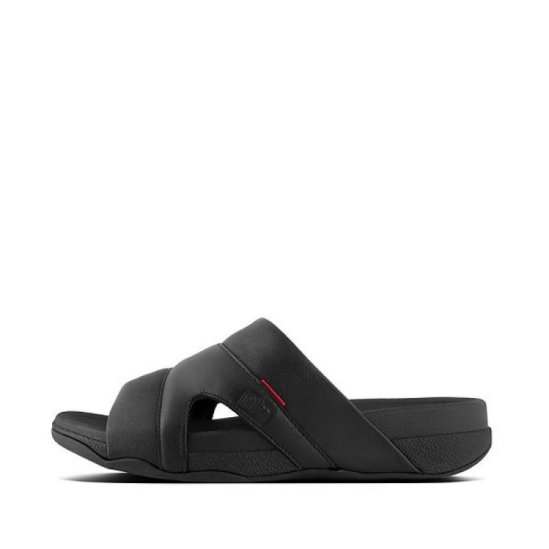 FitFlop Freeway Leather Pool Men\'s Slides Black | 325GXQVZY