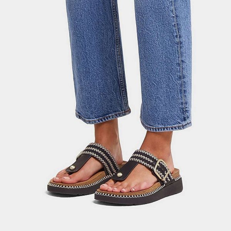 FitFlop Gen-Ff Buckle Stripe Weave Toe-Post Women's Sandals Black | 926JIVSUF