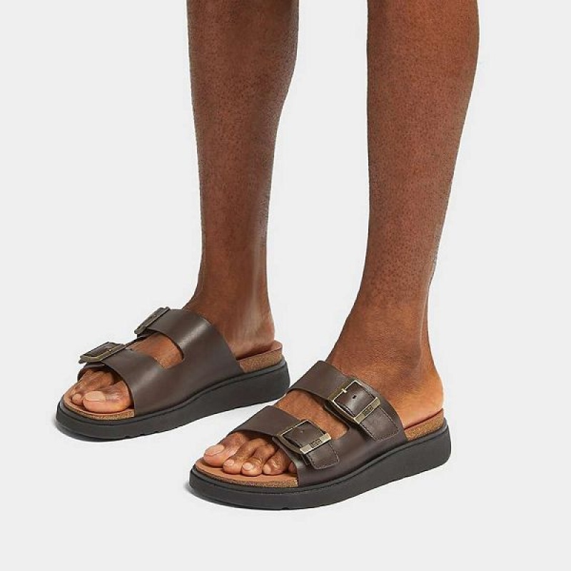 FitFlop Gen-Ff Buckle Two Bar Leather Men's Slides Brown | 859PAQLGN