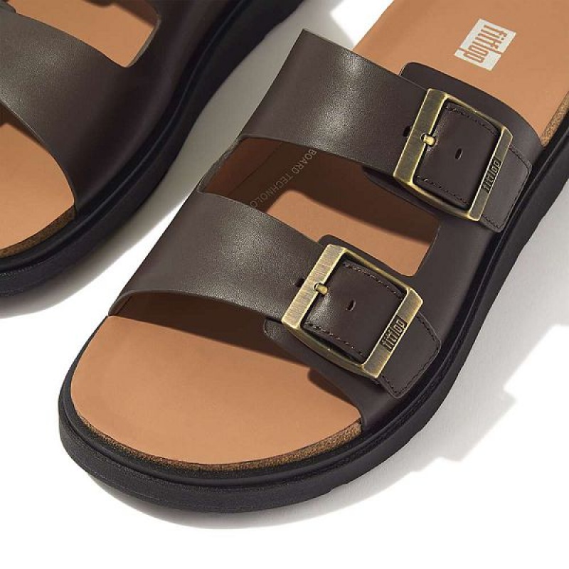 FitFlop Gen-Ff Buckle Two Bar Leather Men's Slides Brown | 859PAQLGN