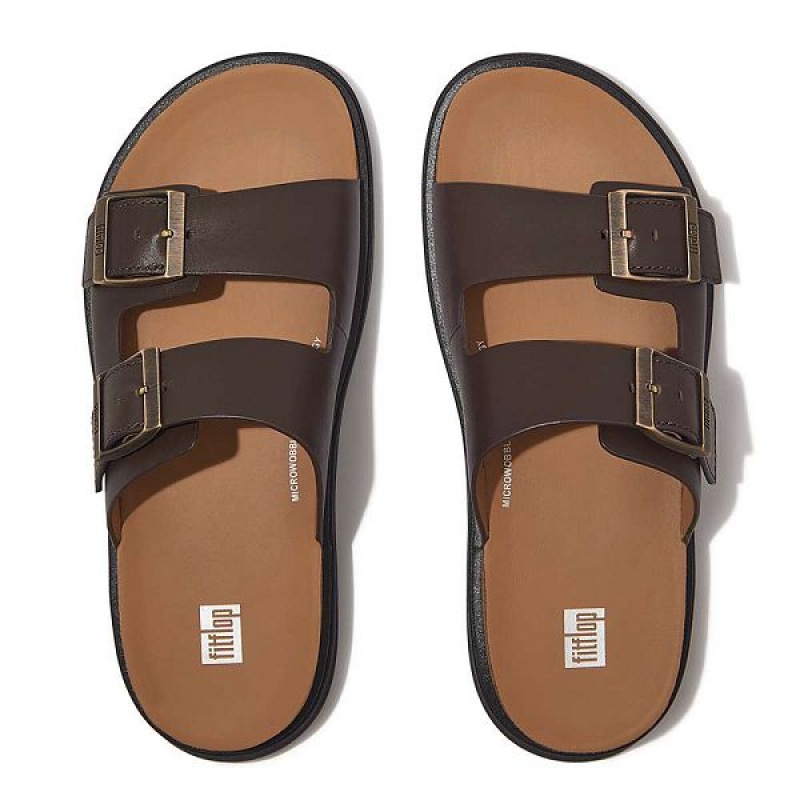 FitFlop Gen-Ff Buckle Two Bar Leather Men's Slides Brown | 859PAQLGN