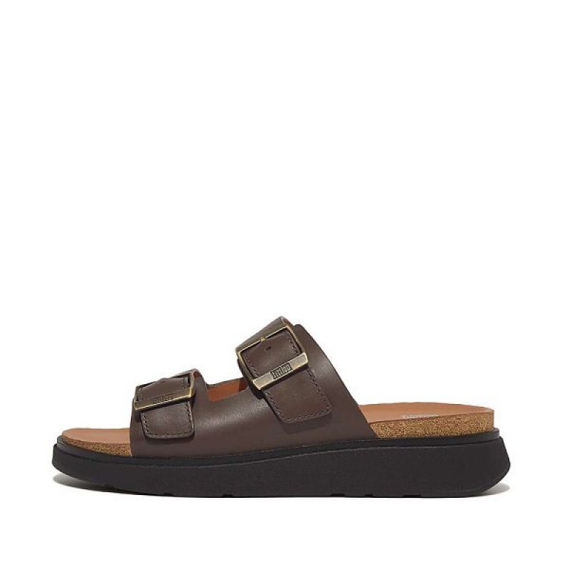 FitFlop Gen-Ff Buckle Two Bar Leather Men\'s Slides Brown | 859PAQLGN