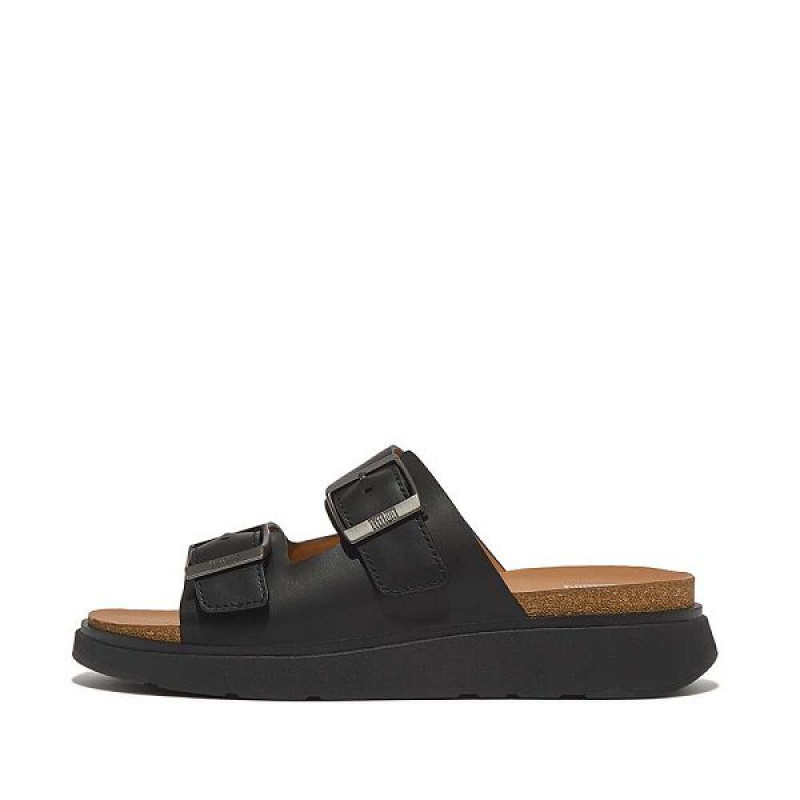 FitFlop Gen-Ff Buckle Two Bar Leather Men\'s Slides Black | 450JIPSVG