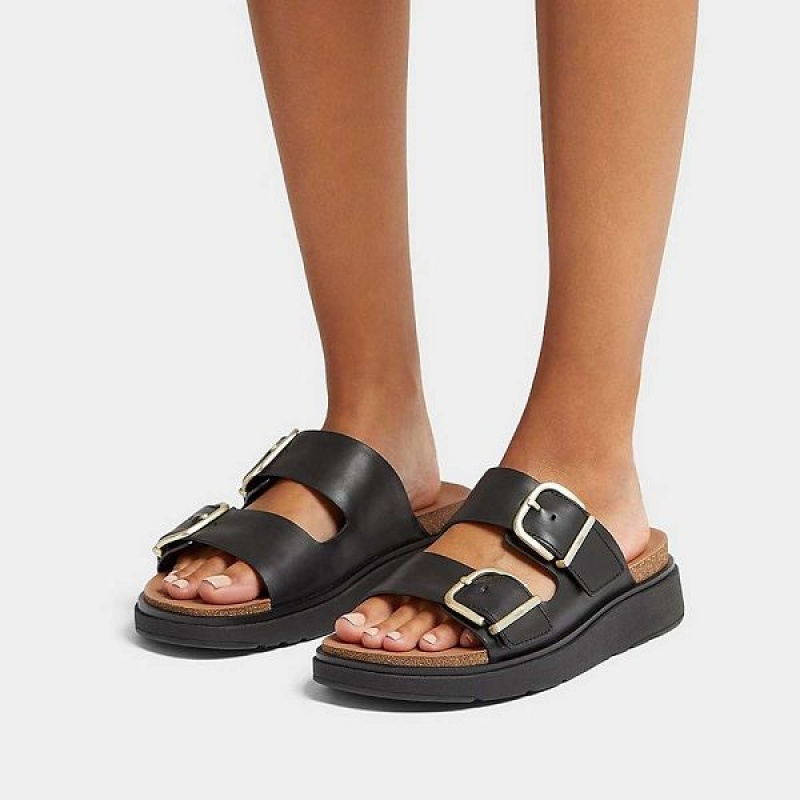 FitFlop Gen-Ff Buckle Two Bar Leather Women's Slides Black | 013MVNXAR