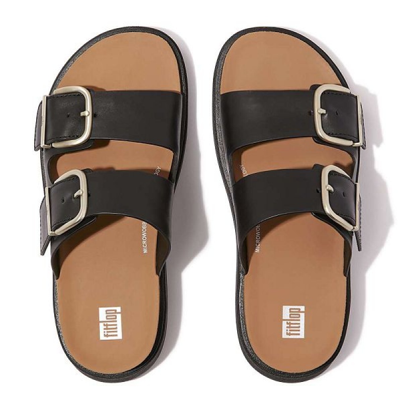 FitFlop Gen-Ff Buckle Two Bar Leather Women's Slides Black | 013MVNXAR