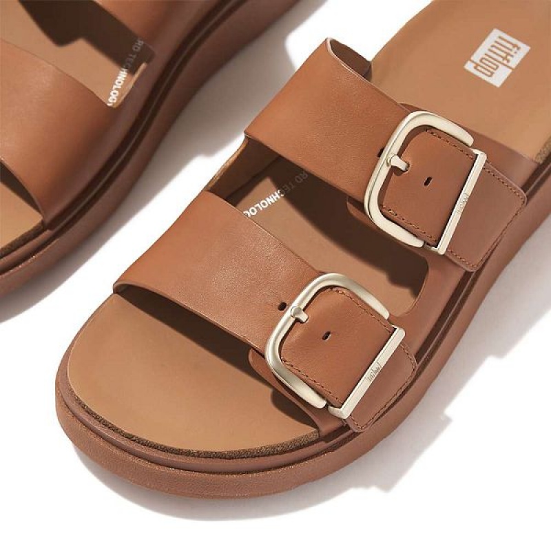 FitFlop Gen-Ff Buckle Two Bar Leather Women's Slides Light Brown | 715XJGEAW