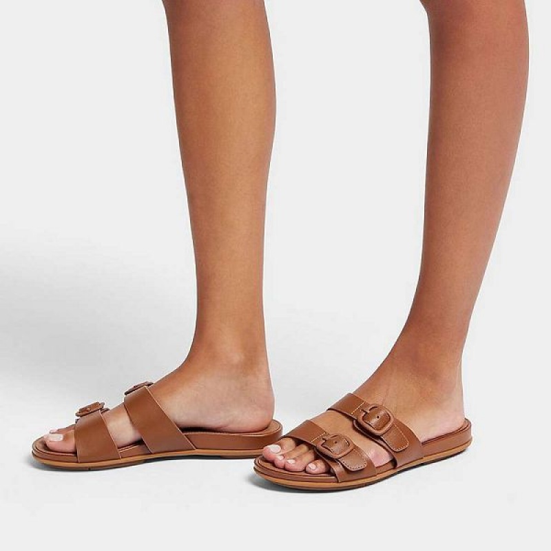 FitFlop Gracie Buckle Two Bar Leather Women's Slides Brown | 609OQCLIN