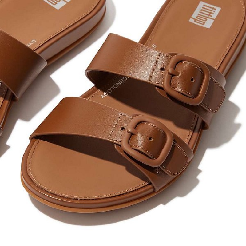 FitFlop Gracie Buckle Two Bar Leather Women's Slides Brown | 609OQCLIN