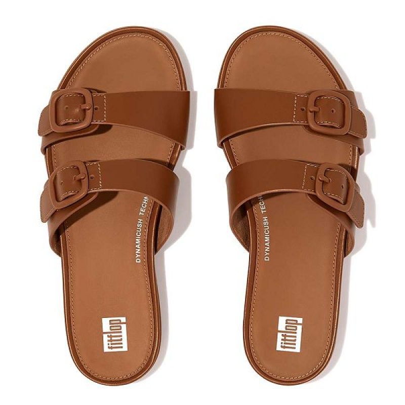 FitFlop Gracie Buckle Two Bar Leather Women's Slides Brown | 609OQCLIN