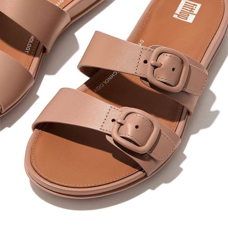 FitFlop Gracie Buckle Two Bar Leather Women's Slides Beige | 075NHASRK