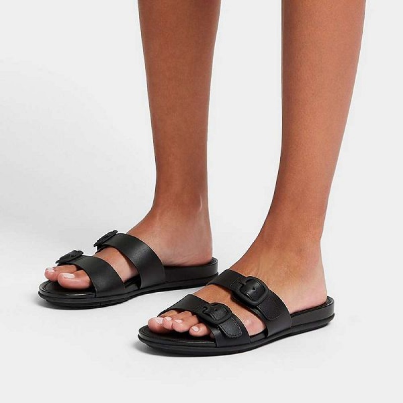 FitFlop Gracie Buckle Two Bar Leather Women's Slides Black | 635WEHYZX