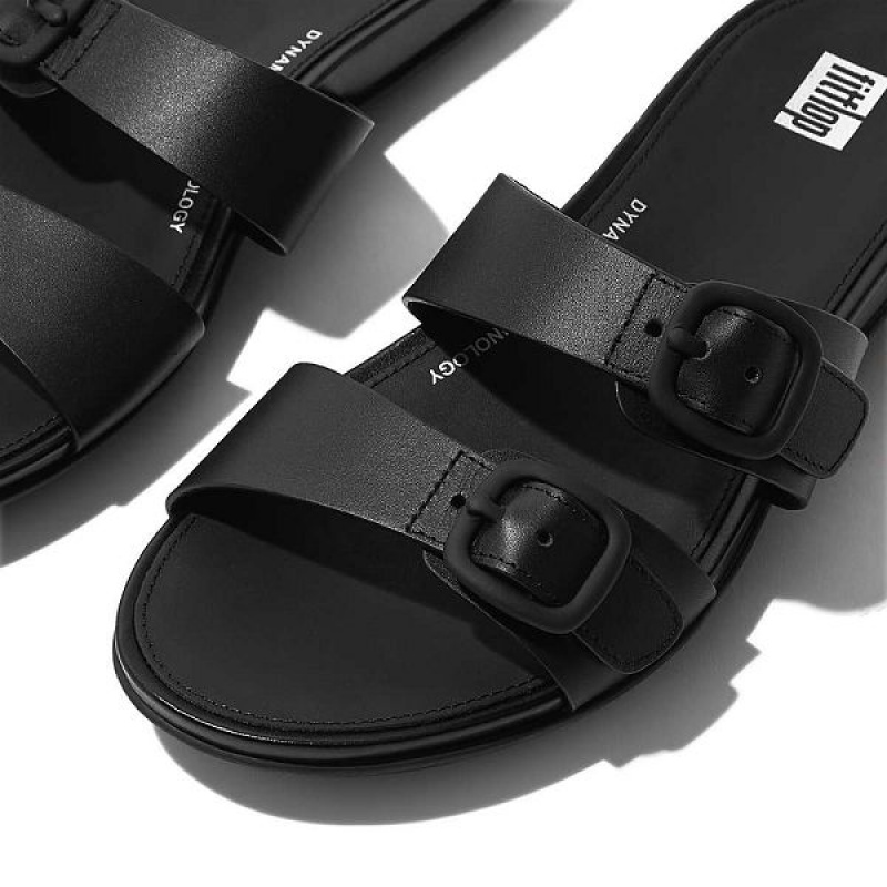 FitFlop Gracie Buckle Two Bar Leather Women's Slides Black | 635WEHYZX