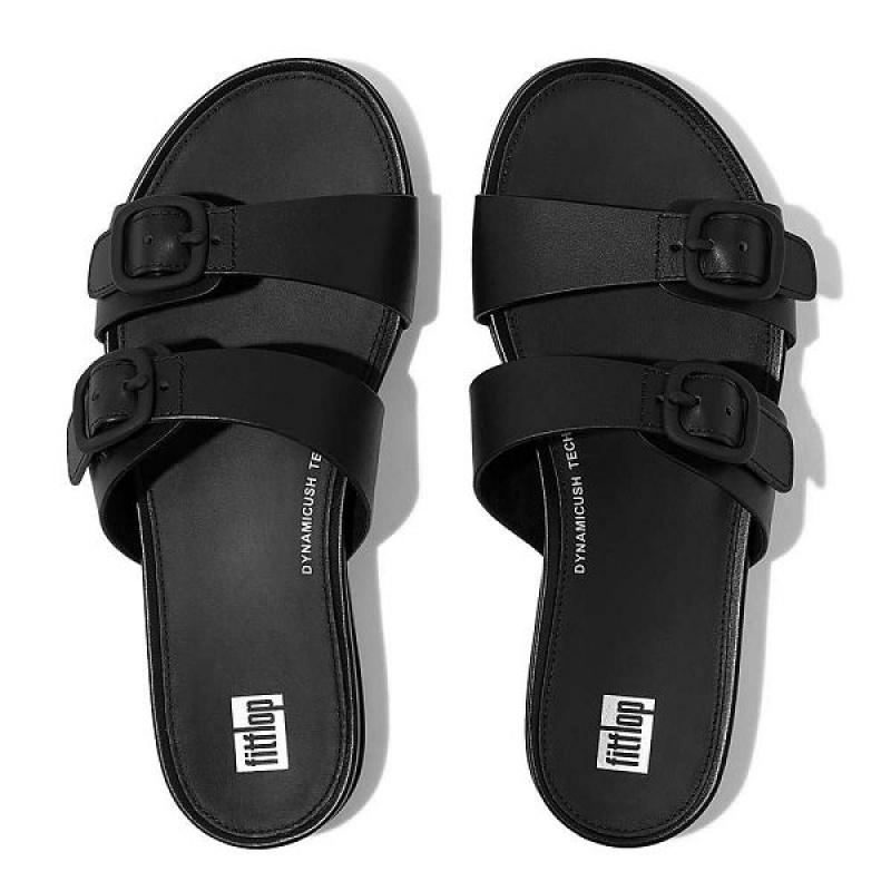 FitFlop Gracie Buckle Two Bar Leather Women's Slides Black | 635WEHYZX