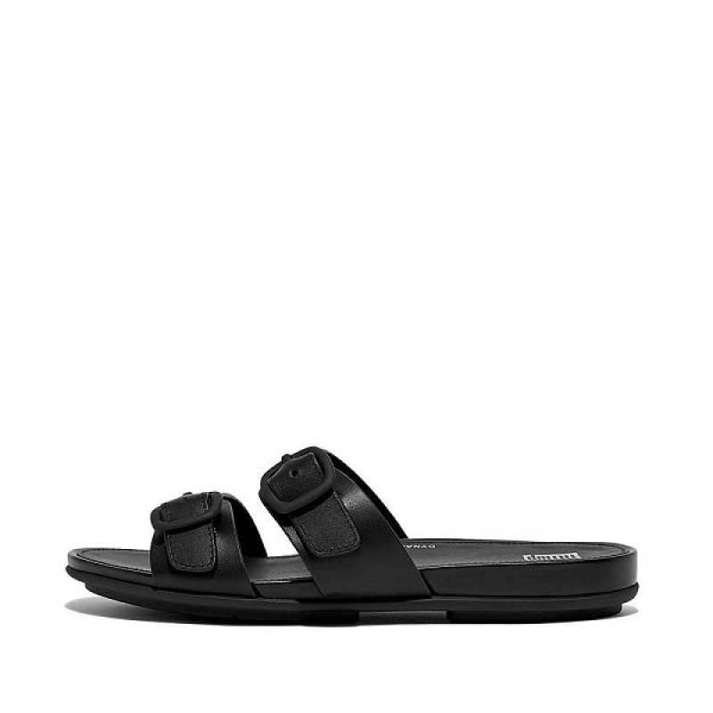 FitFlop Gracie Buckle Two Bar Leather Women\'s Slides Black | 635WEHYZX