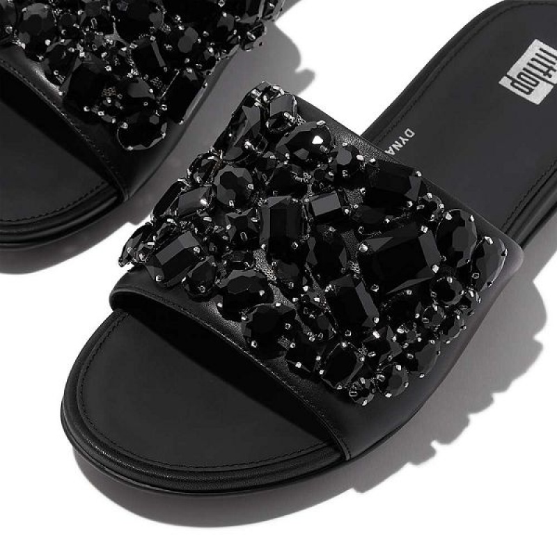 FitFlop Gracie Jewel Deluxe Leather Women's Slides Black | 835MYVBFI