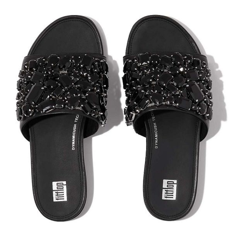 FitFlop Gracie Jewel Deluxe Leather Women's Slides Black | 835MYVBFI