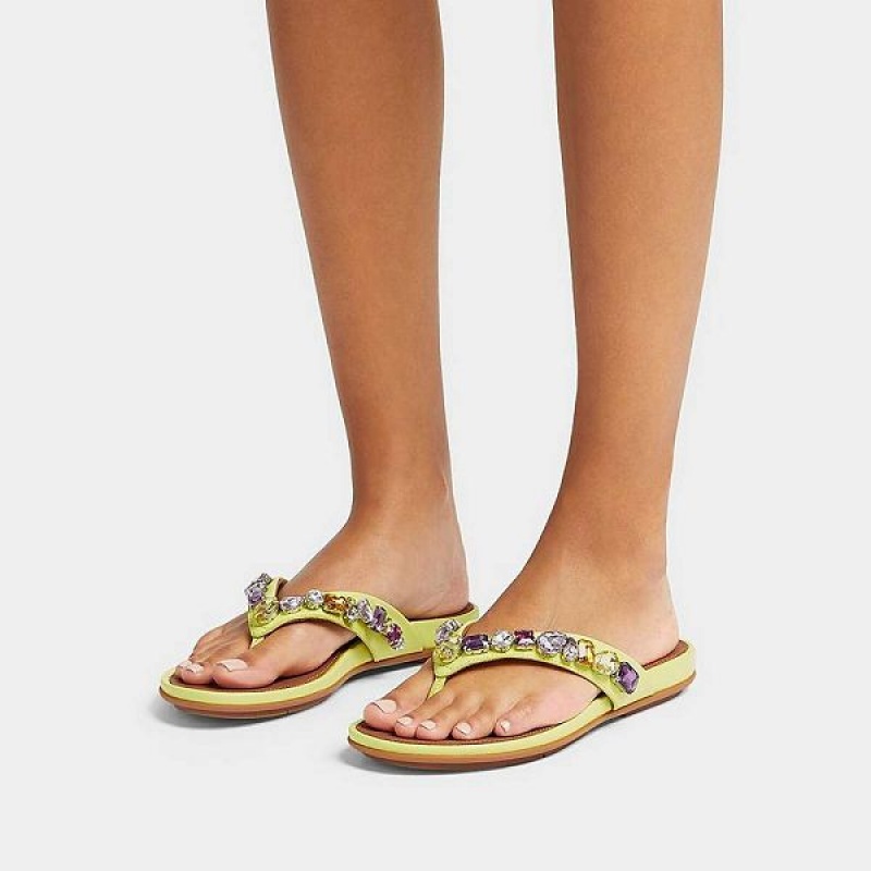 FitFlop Gracie Jewel Deluxe Leather Women's Flip Flops Light Green | 364CUTFOS