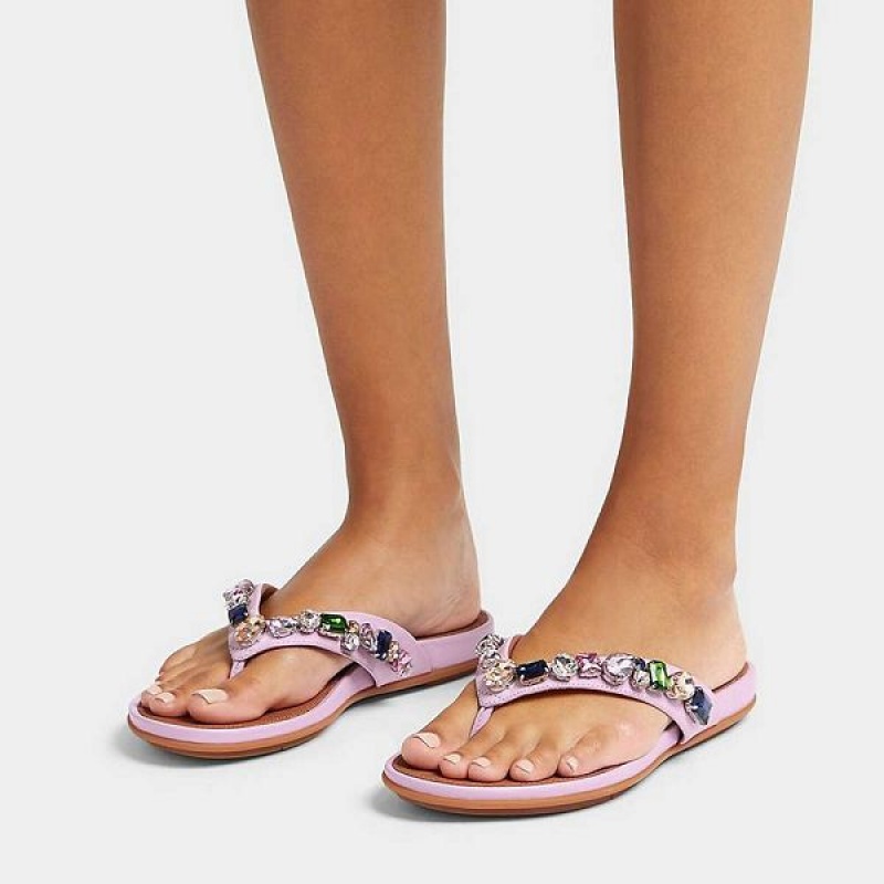 FitFlop Gracie Jewel Deluxe Leather Women's Flip Flops Purple | 039WADQEV