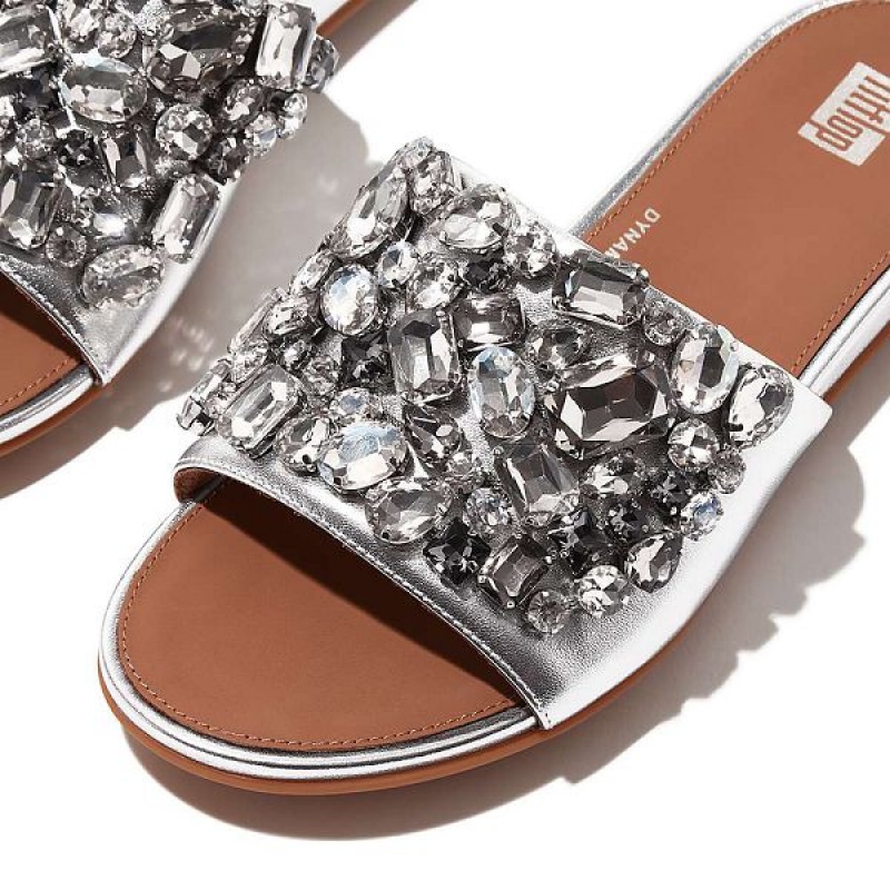 FitFlop Gracie Jewel Deluxe Metallic Leather Women's Slides Silver | 831EPJOSB