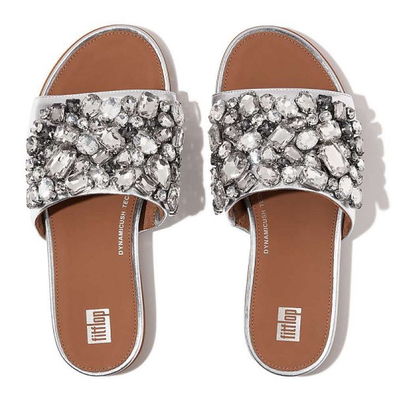 FitFlop Gracie Jewel Deluxe Metallic Leather Women's Slides Silver | 831EPJOSB