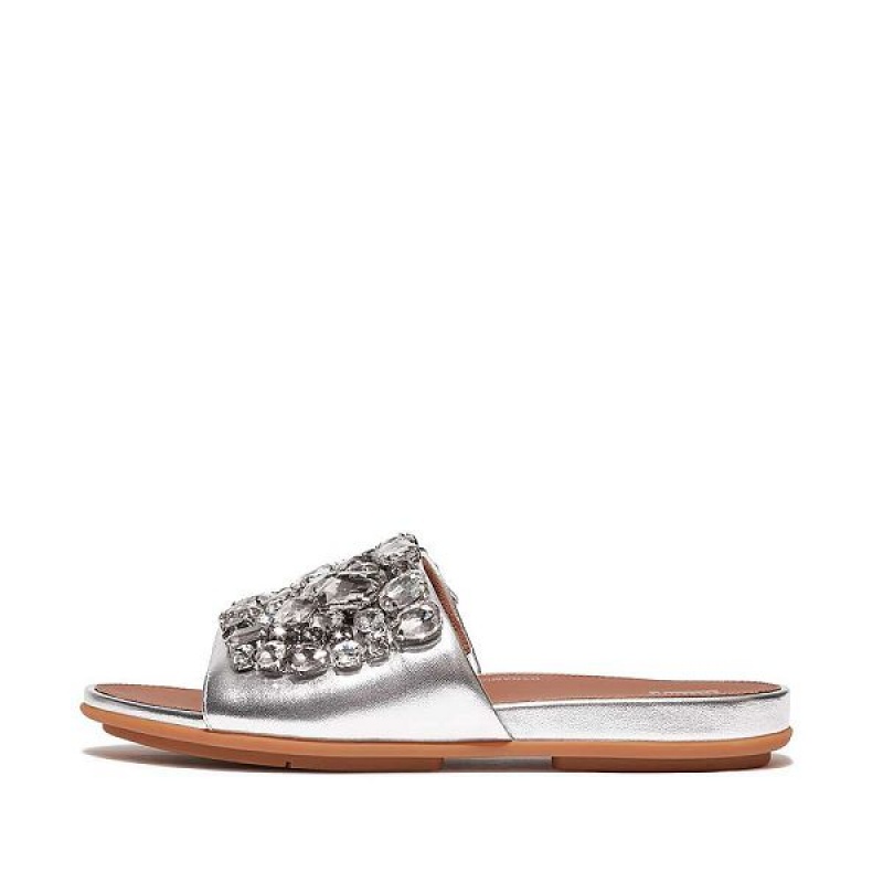 FitFlop Gracie Jewel Deluxe Metallic Leather Women\'s Slides Silver | 831EPJOSB