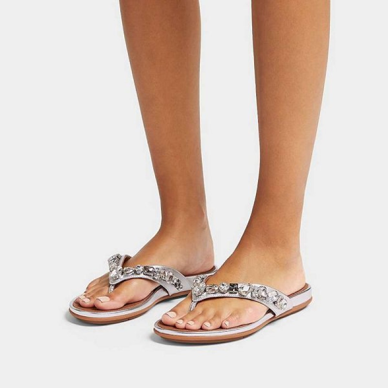 FitFlop Gracie Jewel Deluxe Metallic Leather Women's Flip Flops Silver | 569ZHBGNK