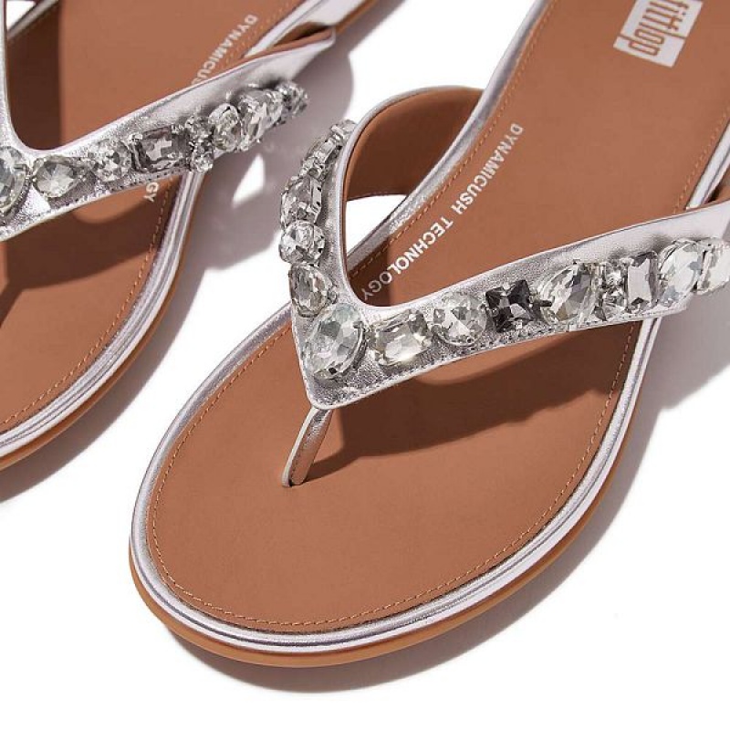 FitFlop Gracie Jewel Deluxe Metallic Leather Women's Flip Flops Silver | 569ZHBGNK