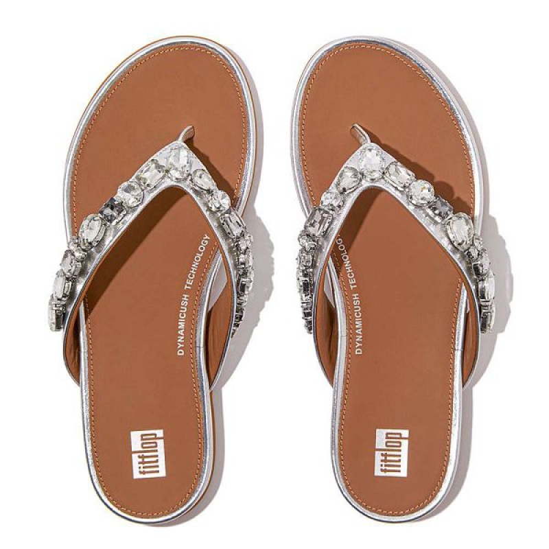 FitFlop Gracie Jewel Deluxe Metallic Leather Women's Flip Flops Silver | 569ZHBGNK