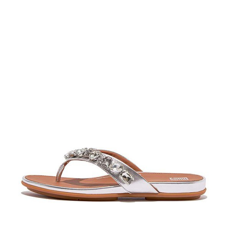 FitFlop Gracie Jewel Deluxe Metallic Leather Women\'s Flip Flops Silver | 569ZHBGNK