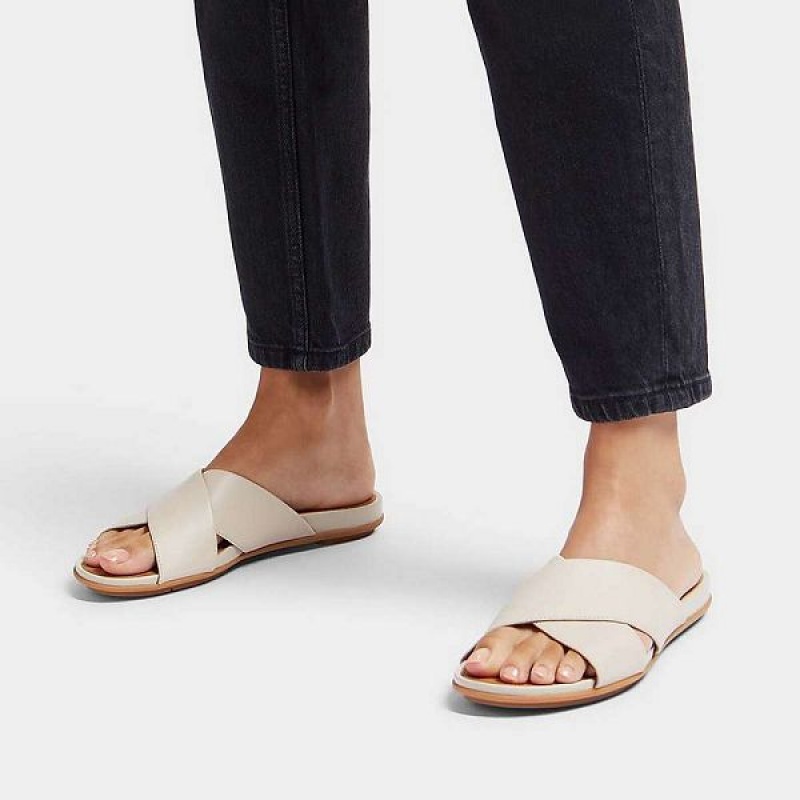 FitFlop Gracie Leather Cross Women's Slides Grey / Beige | 539KPAFXC