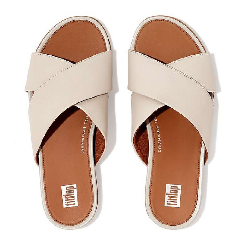 FitFlop Gracie Leather Cross Women's Slides Grey / Beige | 539KPAFXC