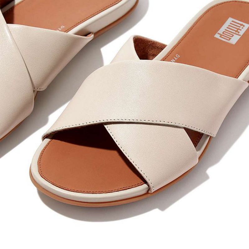 FitFlop Gracie Leather Cross Women's Slides Grey / Beige | 539KPAFXC