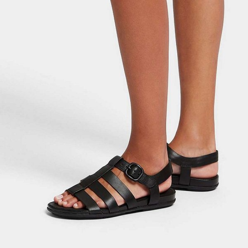 FitFlop Gracie Matt Buckle Leather Fisherman Women's Sandals Black | 376DSUQLK