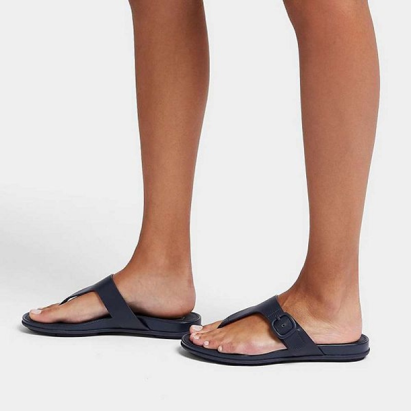 FitFlop Gracie Matt Buckle Leather Toe-Post Women's Sandals Navy | 672EMARTL