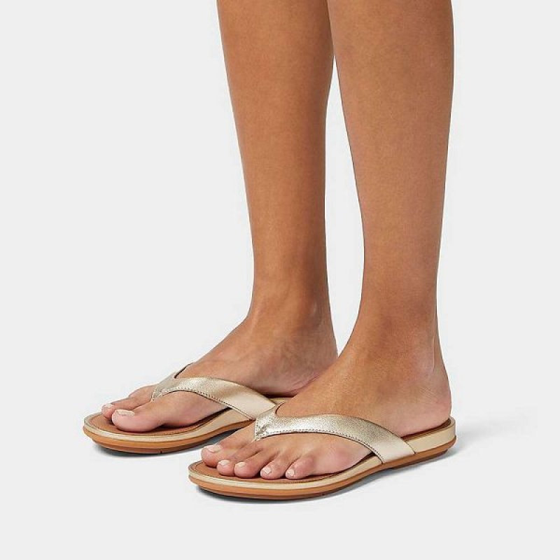 FitFlop Gracie Metallic Leather Women's Flip Flops Brown / Gold | 253ENKXAP