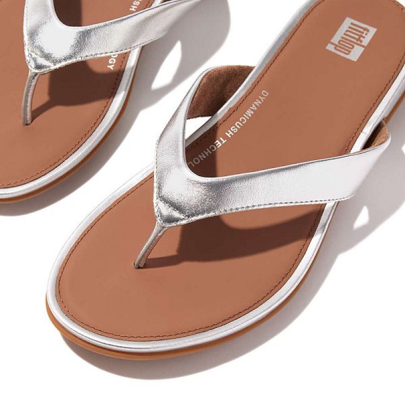 FitFlop Gracie Metallic Leather Women's Flip Flops Silver | 872NZHJFY