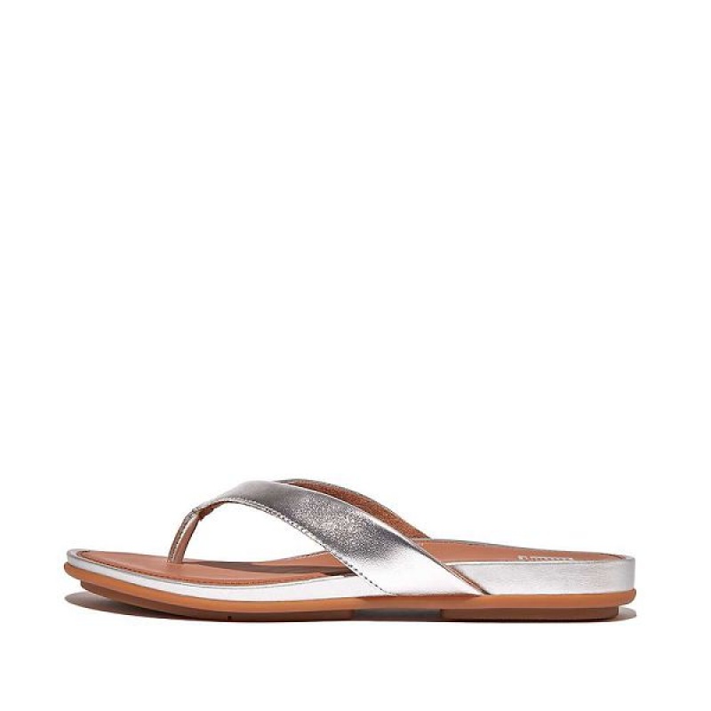 FitFlop Gracie Metallic Leather Women\'s Flip Flops Silver | 872NZHJFY