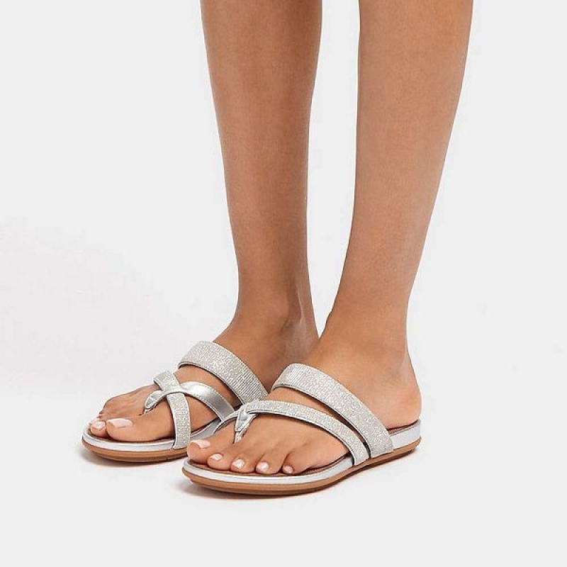 FitFlop Gracie Shimmerlux Strappy Toe-Post Women's Sandals Silver | 486XBFNTE