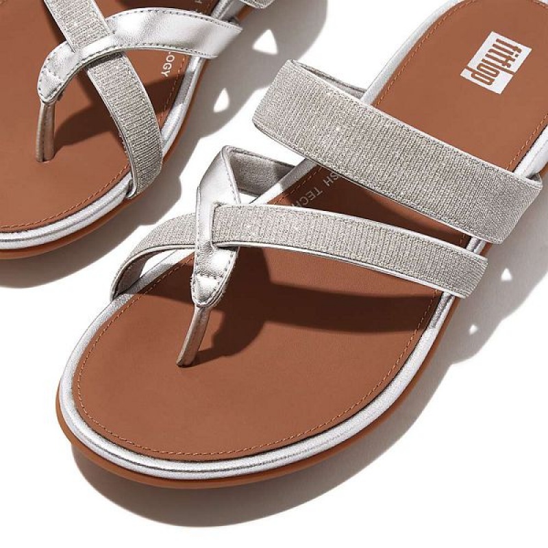 FitFlop Gracie Shimmerlux Strappy Toe-Post Women's Sandals Silver | 486XBFNTE