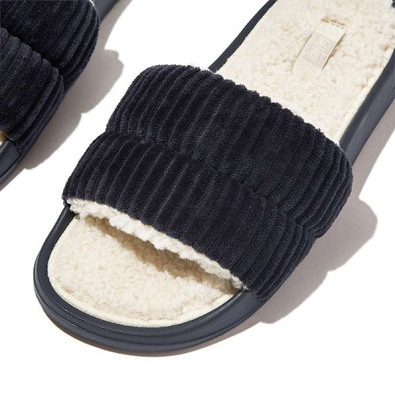 FitFlop Iqushion Biofleece Lined Corduroy Women's Slides Navy | 274KTBCFN