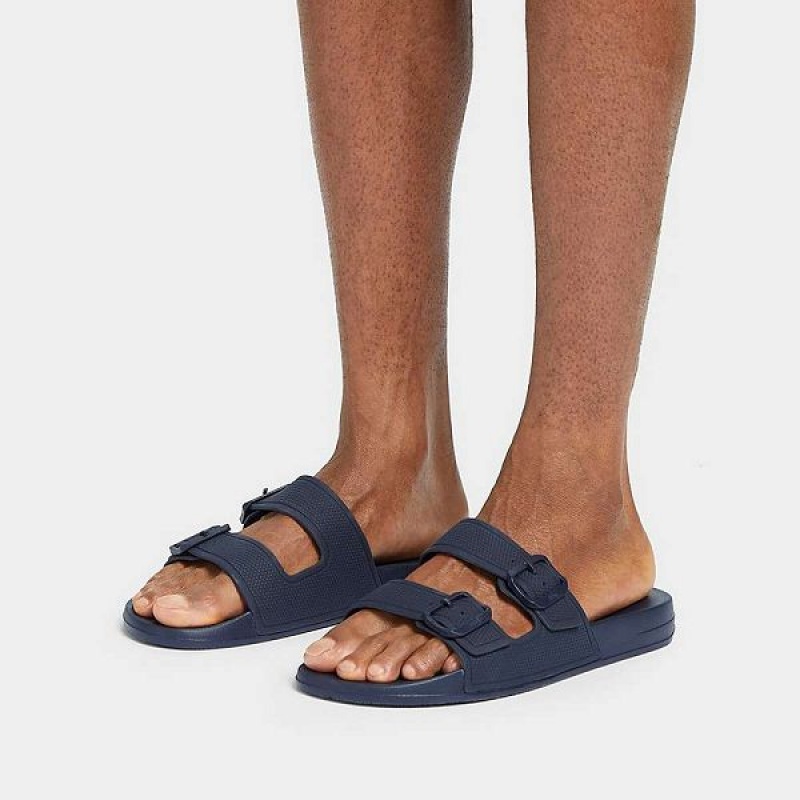 FitFlop Iqushion Iqushion Two Bar Buckle Men's Slides Navy | 673SEBIAO