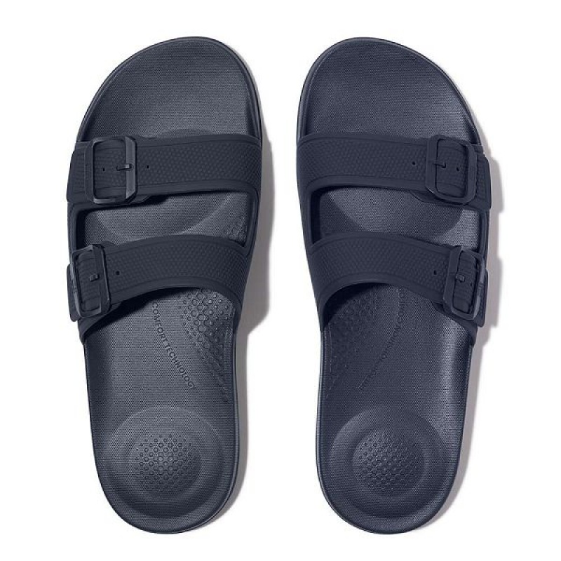 FitFlop Iqushion Iqushion Two Bar Buckle Men's Slides Navy | 673SEBIAO