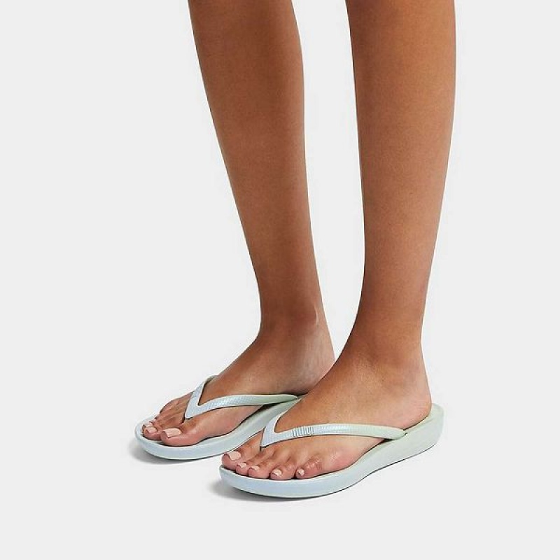 FitFlop Iqushion Iridescent Ergonomic Women's Flip Flops Blue | 493JRQZFP