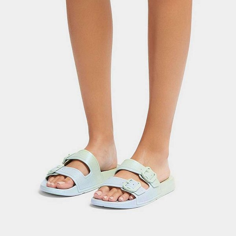 FitFlop Iqushion Iridescent Two Bar Buckle Sliders Women's Slides Blue | 059QMTDHB