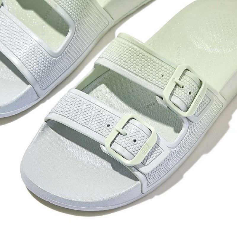 FitFlop Iqushion Iridescent Two Bar Buckle Sliders Women's Slides Blue | 059QMTDHB