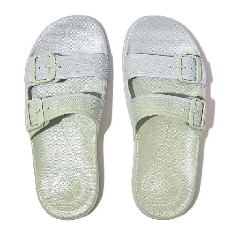 FitFlop Iqushion Iridescent Two Bar Buckle Sliders Women's Slides Blue | 059QMTDHB